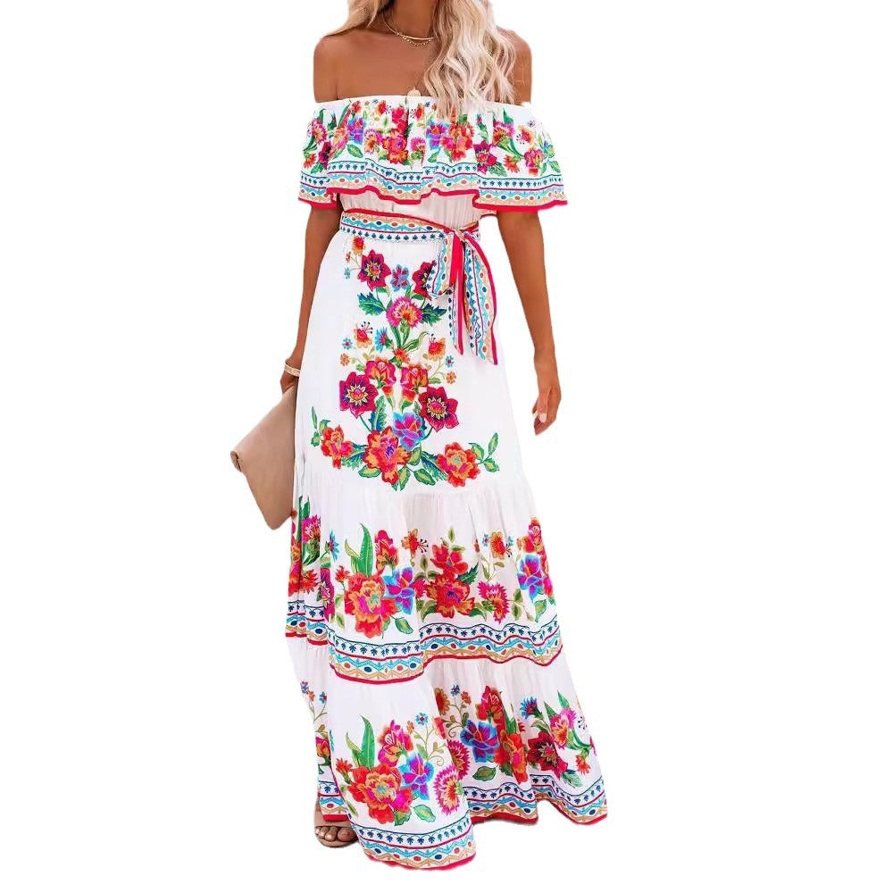 Oceana - Printed Lace-Up Waist Long Dress