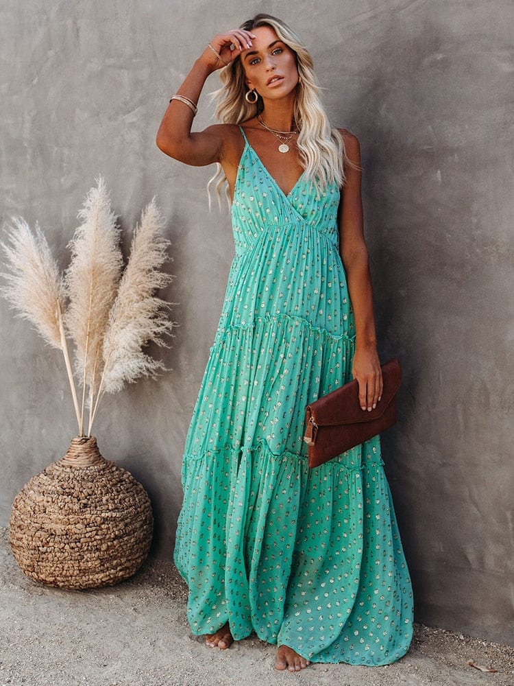 Evi™ Green Maxi Dress with V-Neck and Summer Ibiza Print
