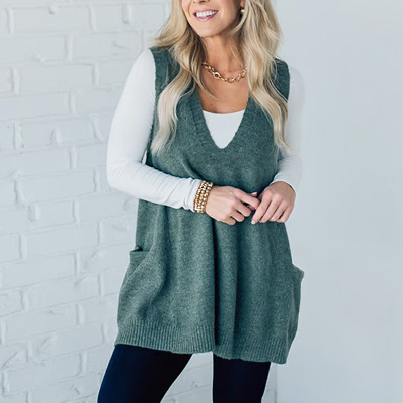 Oversized V-Neck Knit Vest with Pockets | Haven Hills