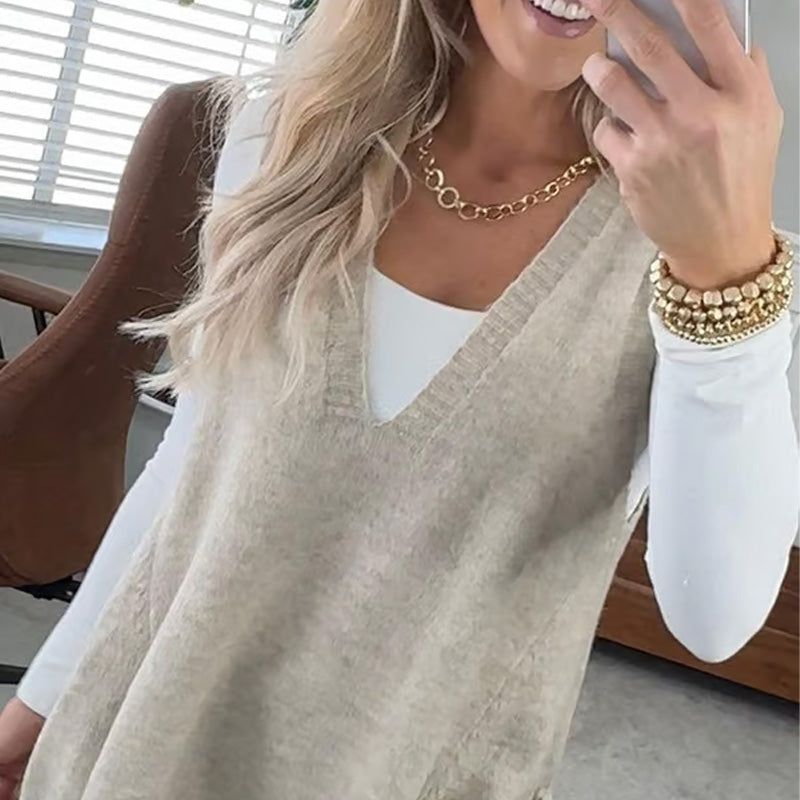 Oversized V-Neck Knit Vest with Pockets | Haven Hills