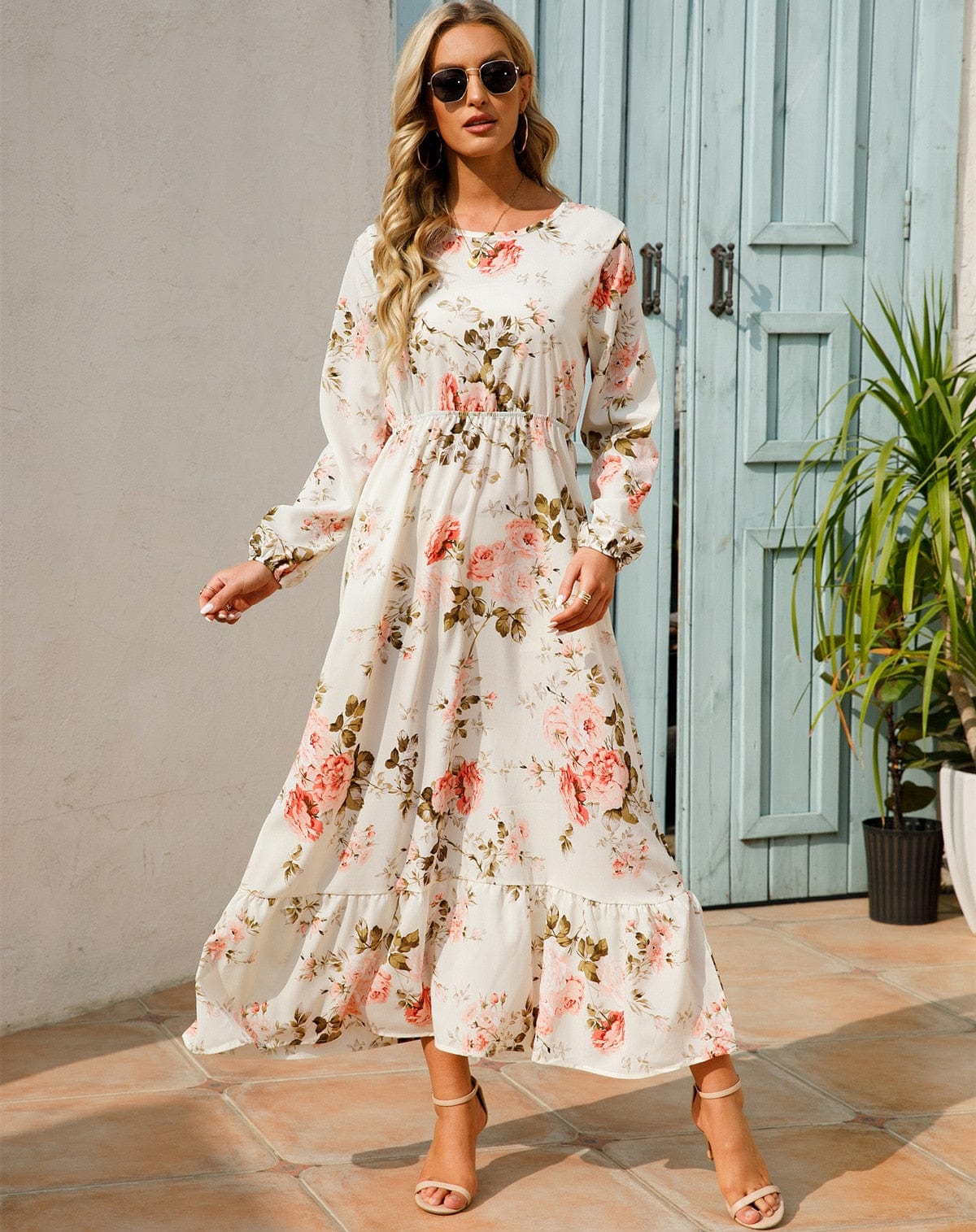 Julia™ White Long Sleeve Maxi Dress with Summer Floral Print