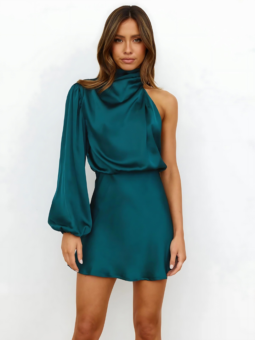 Nikol | Satin Dress with Asymmetrical Sleeve