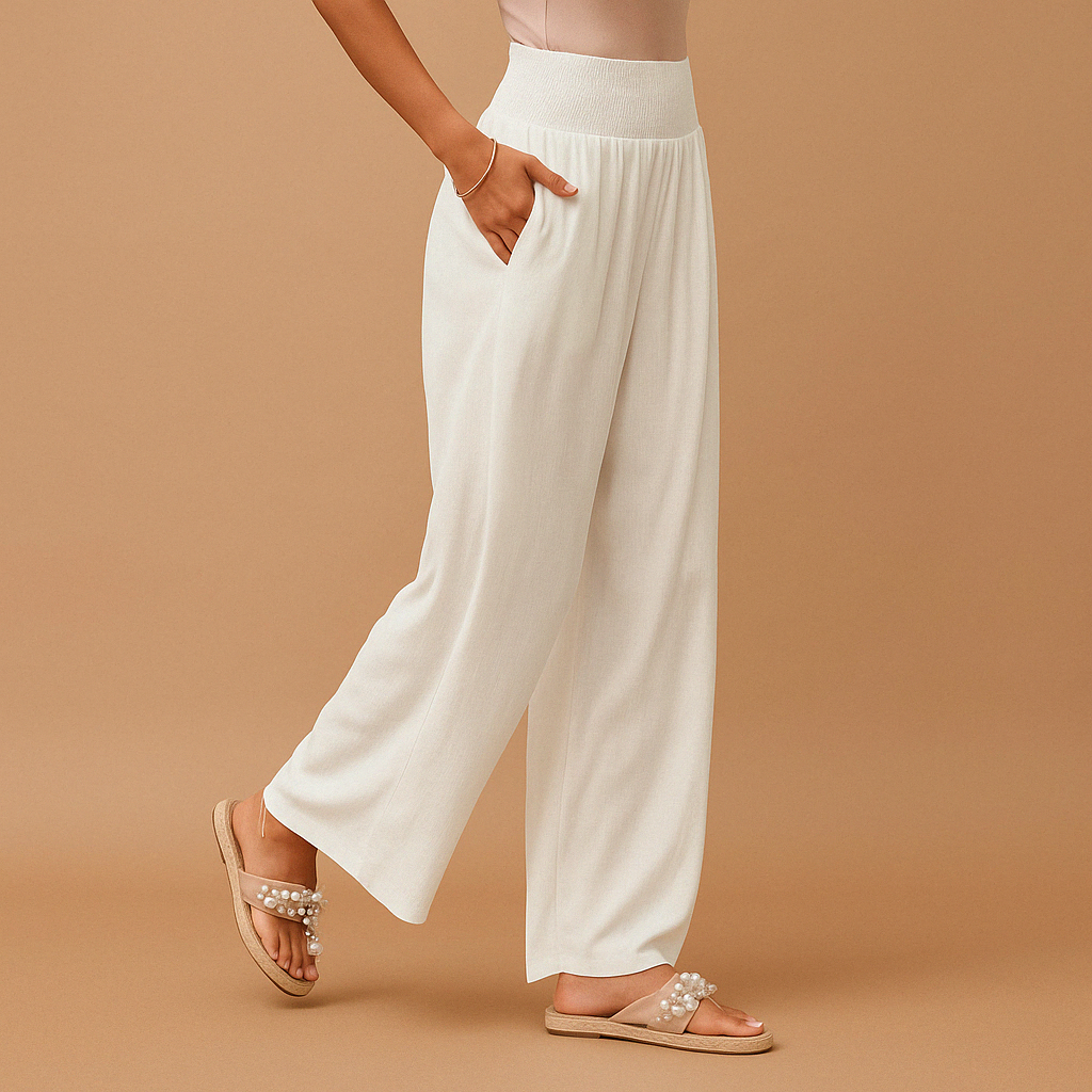 Lightweight trousers with straight legs and elastic waist | By Haven Hills