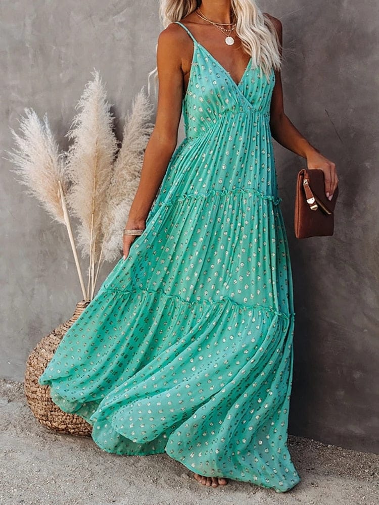 Evi™ Green Maxi Dress with V-Neck and Summer Ibiza Print