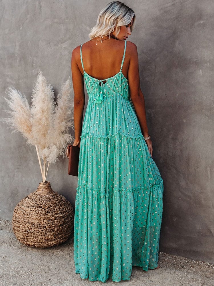 Evi™ Green Maxi Dress with V-Neck and Summer Ibiza Print