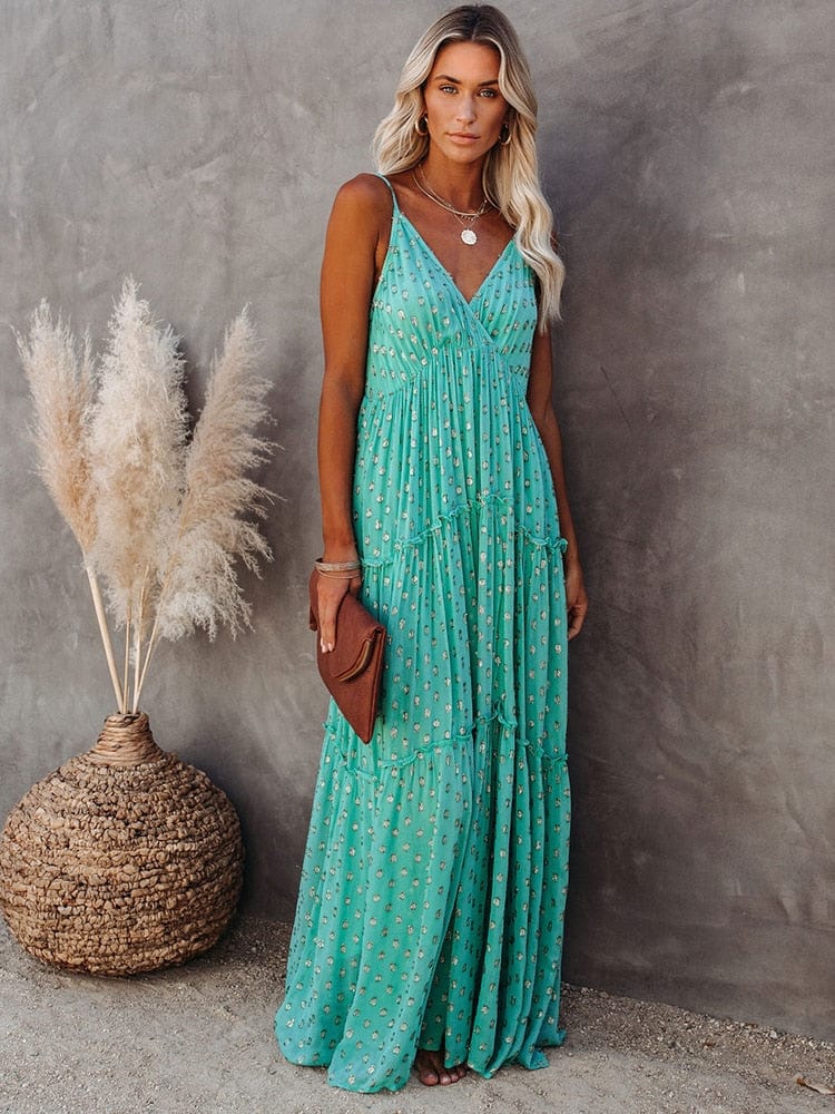 Evi™ Green Maxi Dress with V-Neck and Summer Ibiza Print