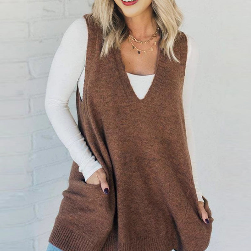 Oversized V-Neck Knit Vest with Pockets | Haven Hills