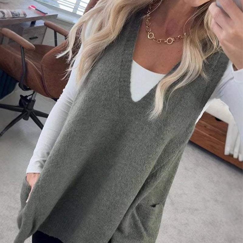 Oversized V-Neck Knit Vest with Pockets | Haven Hills