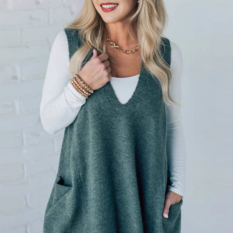 Oversized V-Neck Knit Vest with Pockets | Haven Hills