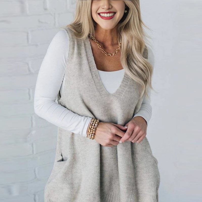 Oversized V-Neck Knit Vest with Pockets | Haven Hills