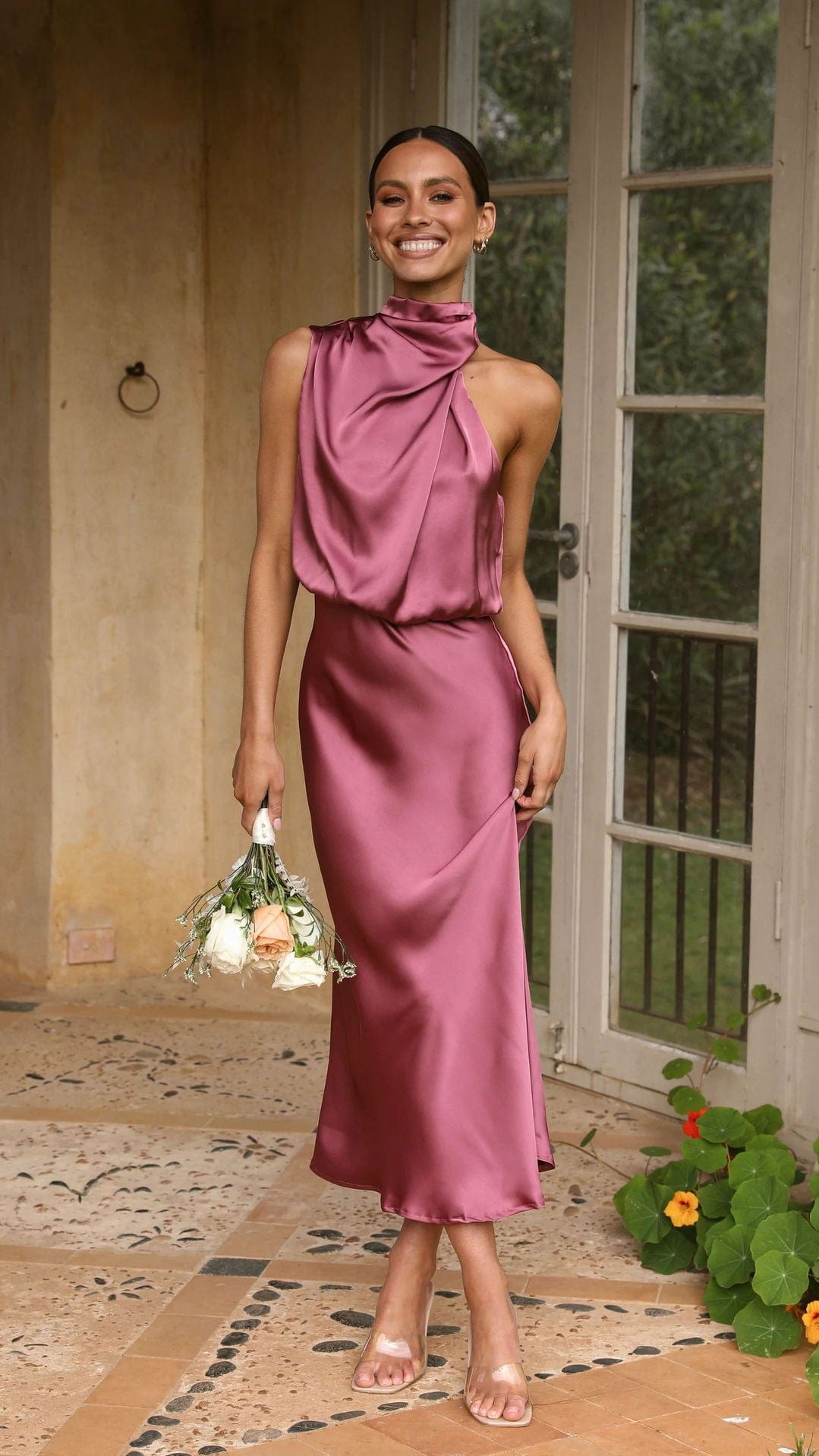 Rochella™ - Elegant Satin Dress with High Neck Old Pink